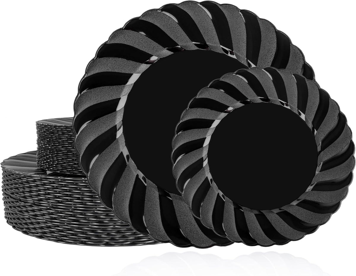 U-QE 60 Pcs Black Plastic Plates for Party – Scalloped Plastic Plates Heavy Duty – Include 30