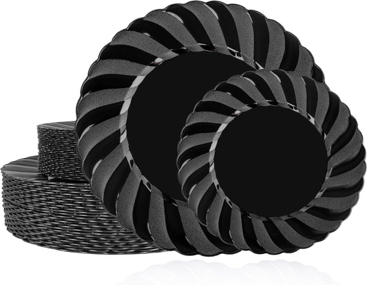 U-QE 60 Pcs Black Plastic Plates for Party – Scalloped Plastic Plates Heavy Duty – Include 30