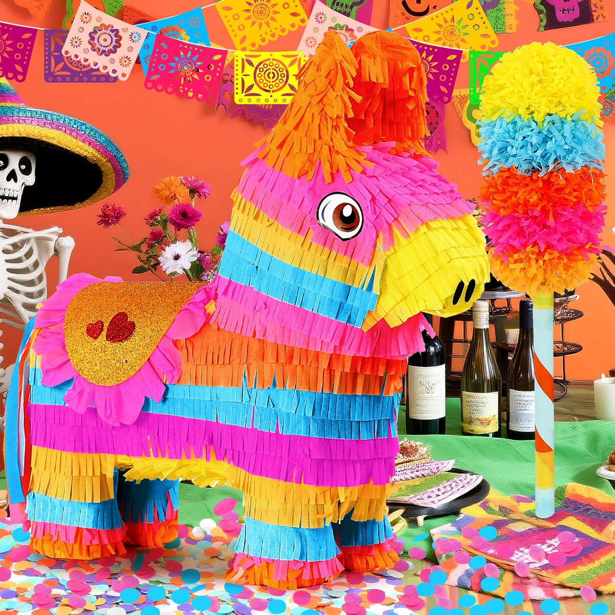 Cinco De Mayo Donkey Pinata with 24" Stick and Rope | Large Rainbow Piñata Decorations for Birthday