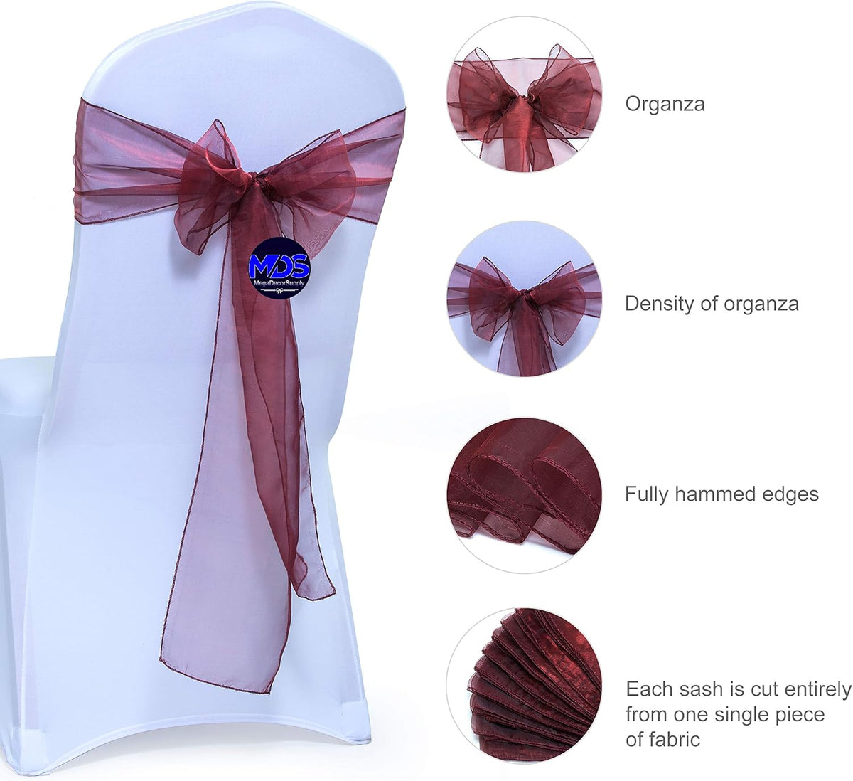 MDS Pack of 100 PCS Organza Chair Sashes Wider Dining Chair Bows Ribbon Tie Back for Wedding Party