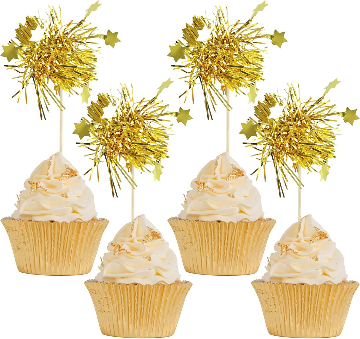 Gyufise 30Pcs Star Foil Firework Cupcake Toppers Sparkle Tinsel Cake Toppers Tinsel Drink Cake