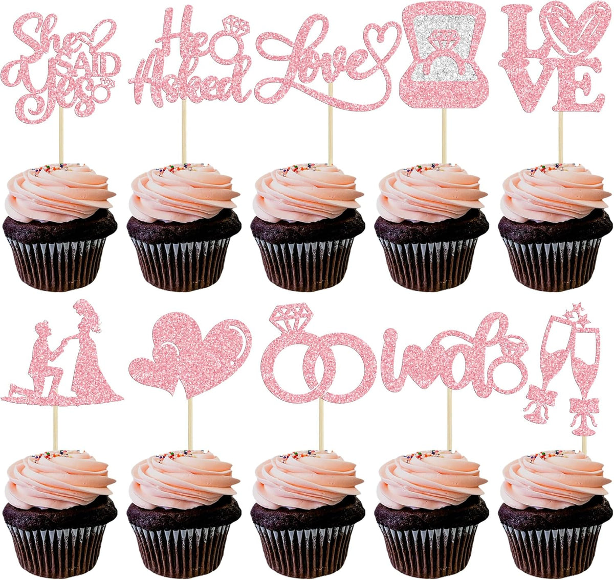 Ephlyn 30Pcs He Asked She Said Yes Cupcake Toppers Glitter Engagement Cupcake Toppers Diamond Ring