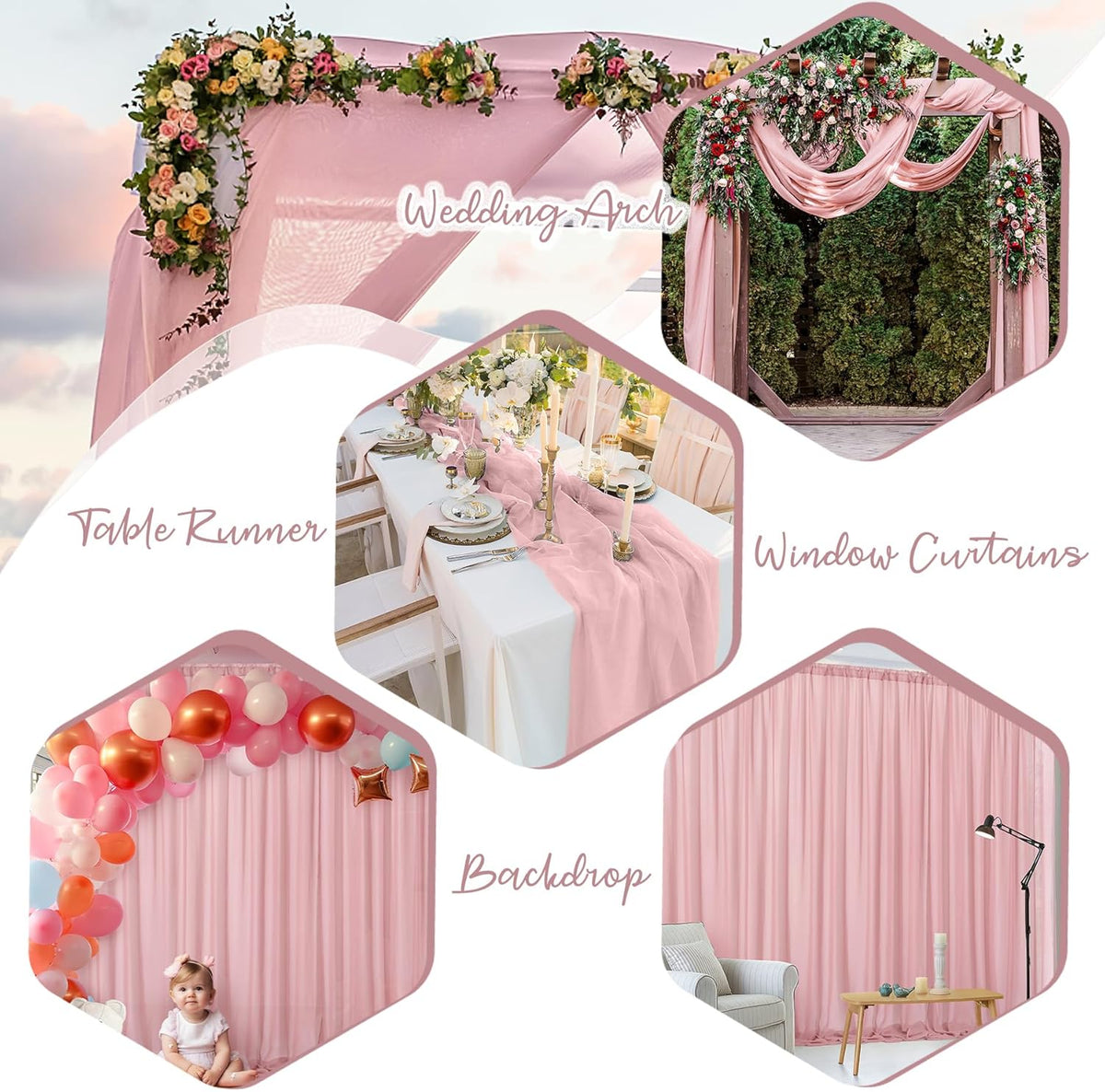 PARTISKY 10x7ft Dusty Rose Chiffon Backdrop Curtains, Wrinkle-Free Sheer Fabric Photo Drapes for