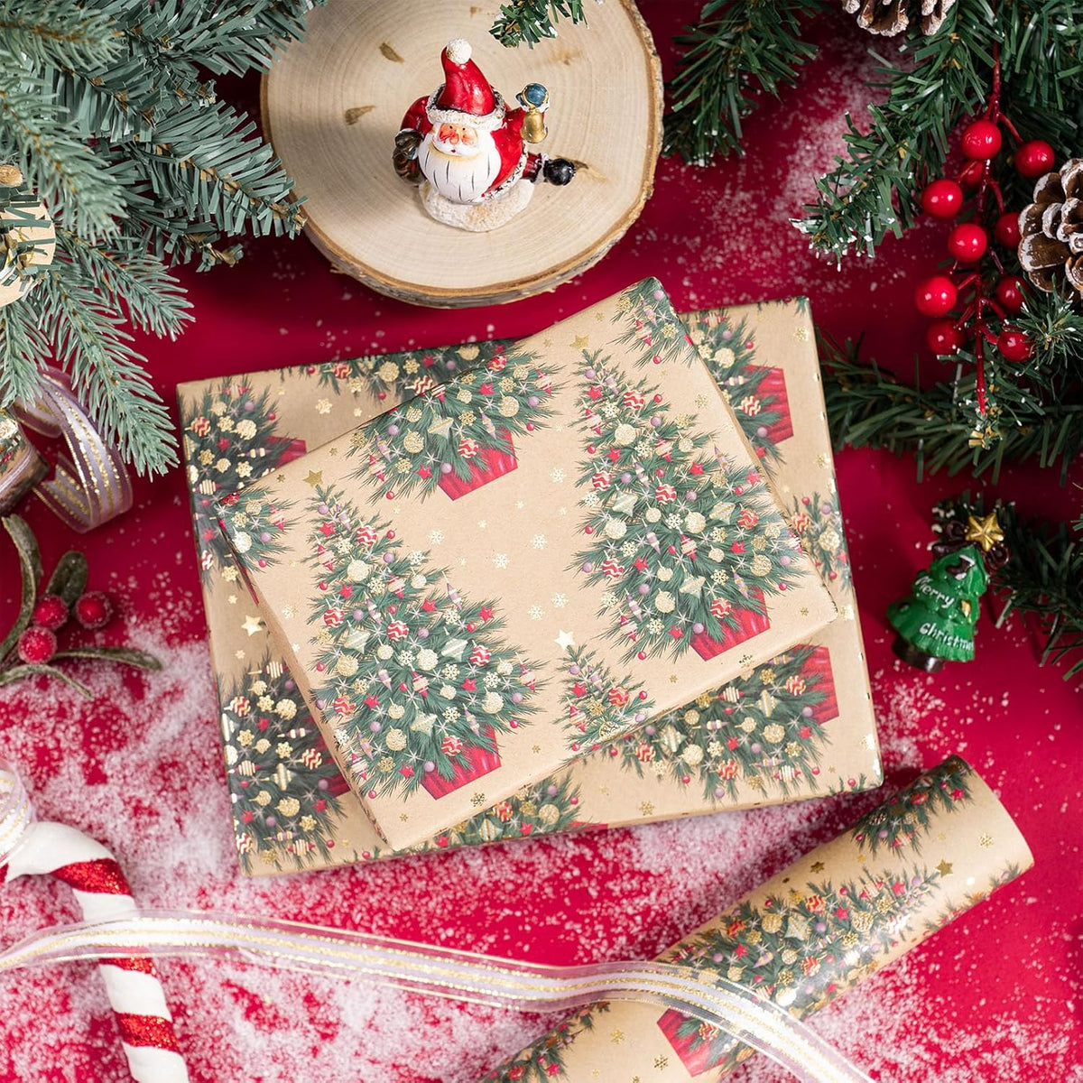 RUSPEPA Kraft Christmas Wrapping Paper Roll, Mini Roll, Gold Foil Christmas Tree Design, Elegent