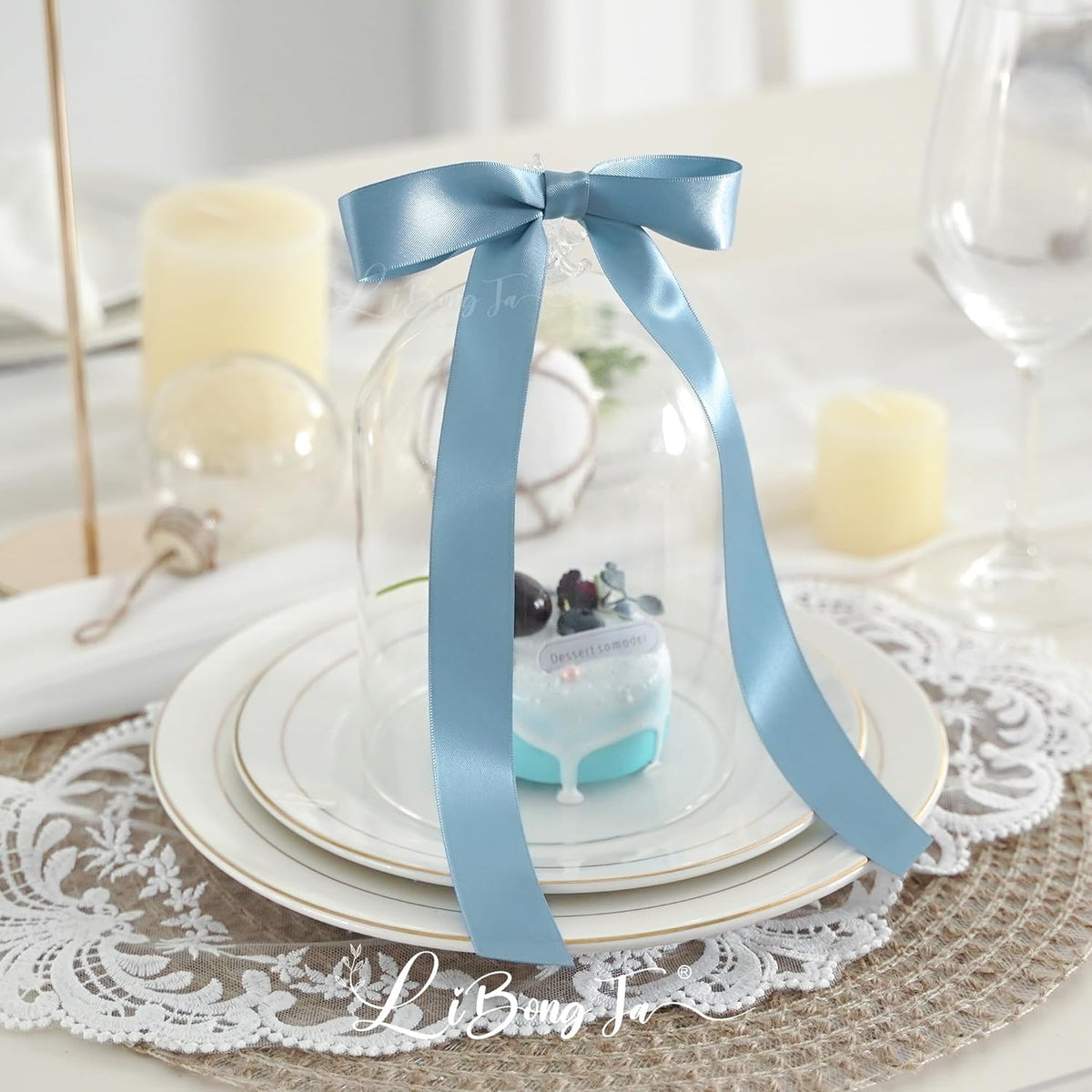 50 PCs Dusty Blue Bow Decor 5.5'' Satin Bows with Long Tail, Twist Tie Bows for Craft, Packaging