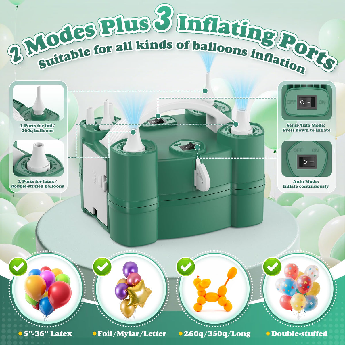 Balloon Pump 4-in-1 Electric Balloon Inflator with Triple Inflating Ports for All Balloons Air
