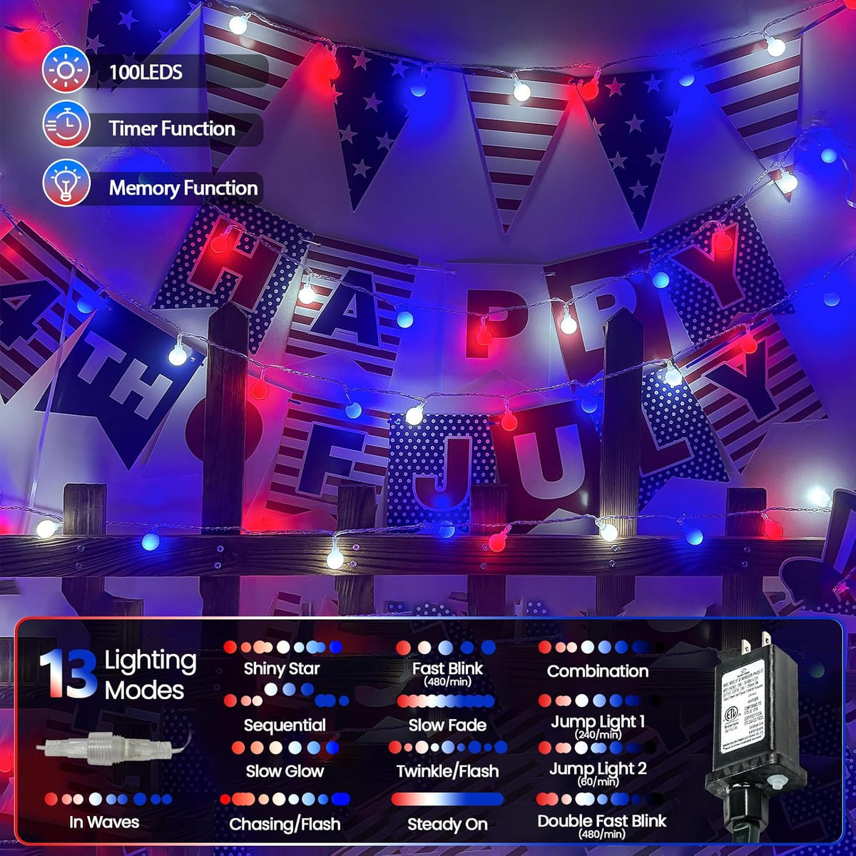 Connectable Red White and Blue String Lights Outdoor Indoor, 42FT 100LED 4th of July Decorations