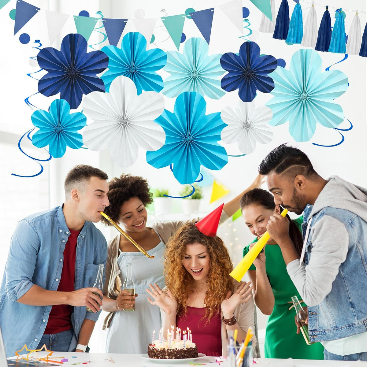Navy Blue Party Decorations Set, 22 Pcs Hanging Paper Flowers, Tassel Garland & Swirls for