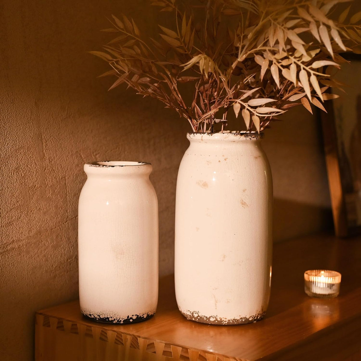 VICTOR & TERESA Rustic White Vase for Home Decor, Ceramic Vases for Flowers, Modern Farmhouse