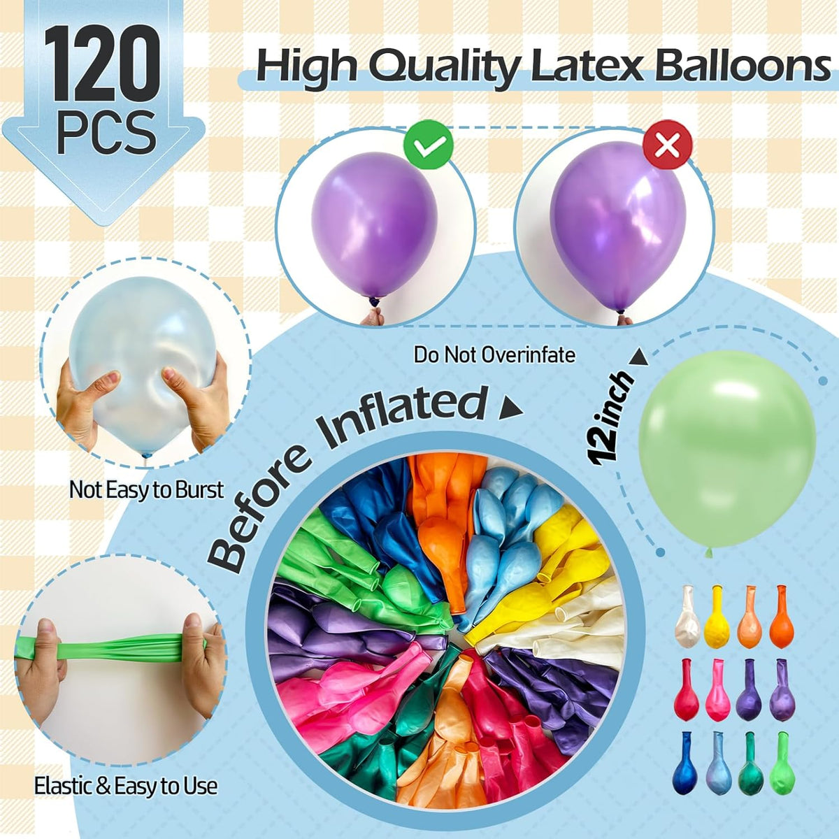 120pcs Pearl Rainbow Balloons Assorted Color 12 Inches Latex, Round Helium Bright Color Balloons
