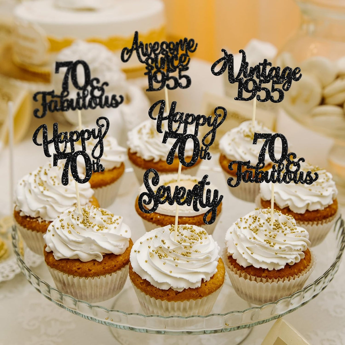 30Pcs Happy 70th Birthday Cupcake Toppers Glitter Seventy Vintage 1955 Cupcake Picks Cheers to 70