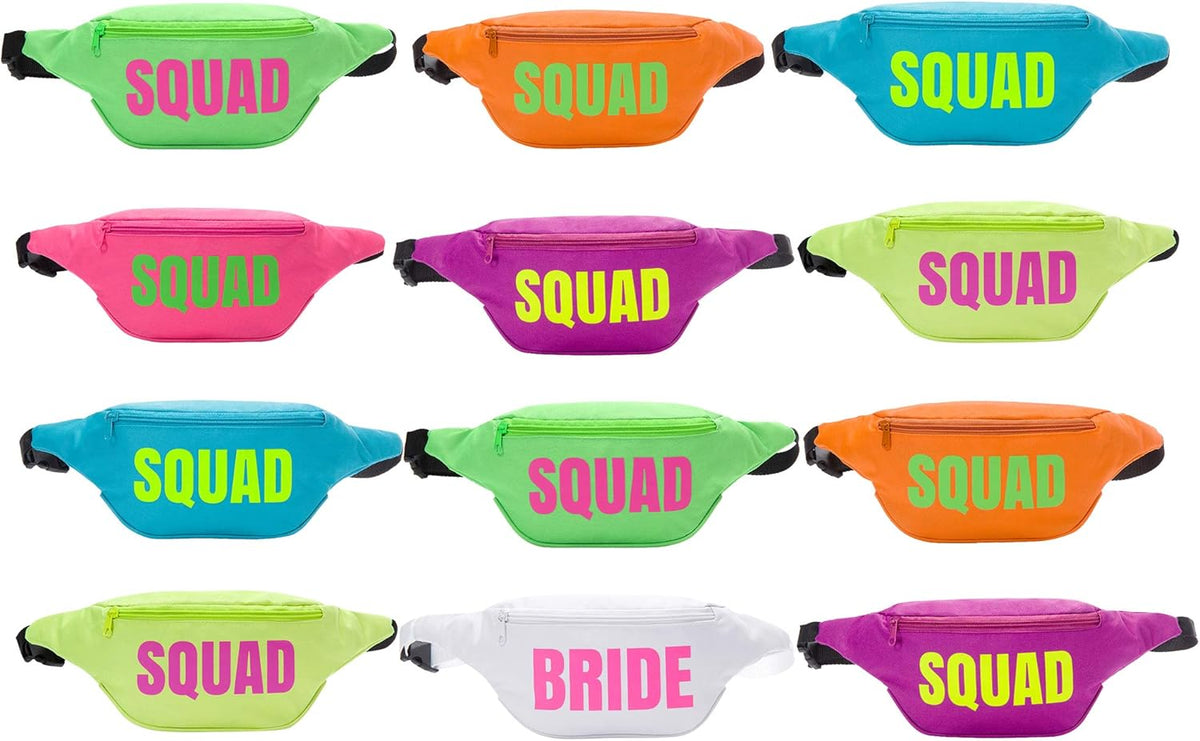 Bachelorette 80s Fanny Pack Set | 12 Pack | 1 Bride Fanny Pack and 11 Squad Fanny Packs |