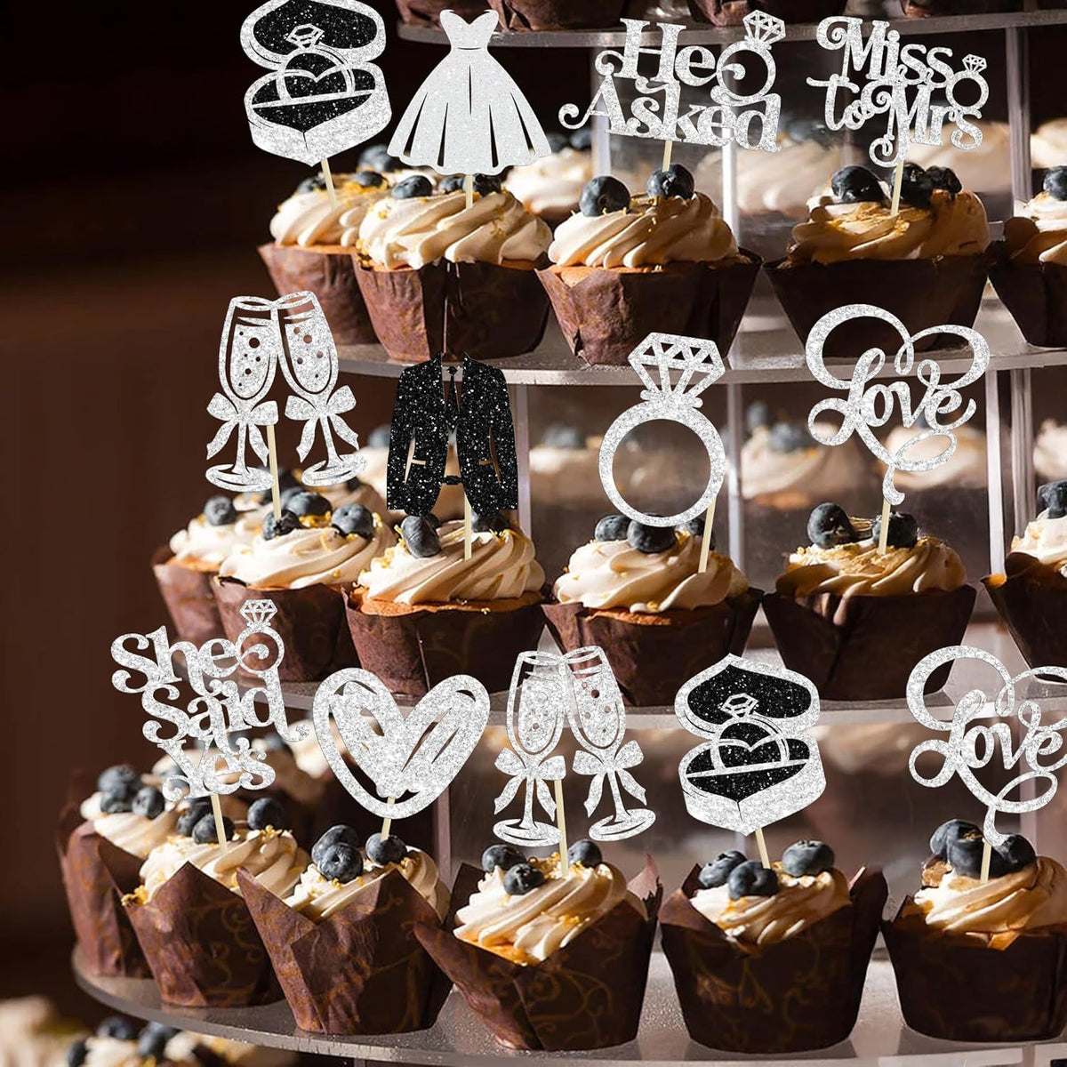 Gyufise 30Pcs She Said Yes Cupcake Toppers Glitter Diamond Ring I Do Love Cupcake Picks Miss to Mrs