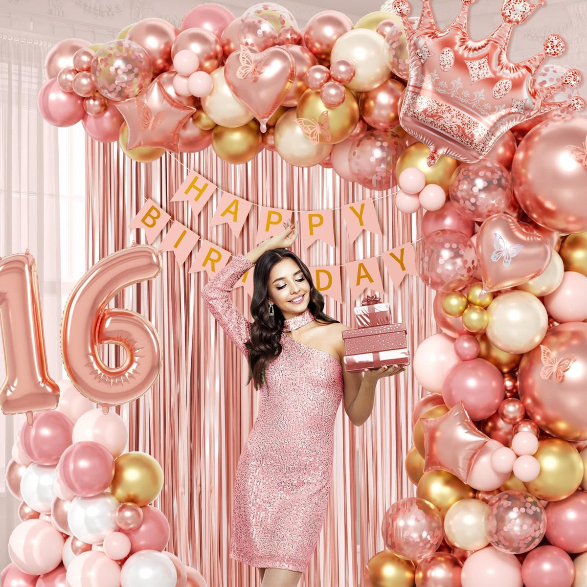 123pcs Sweet 16 Party Decorations with Rose Gold Pearl and White Balloons