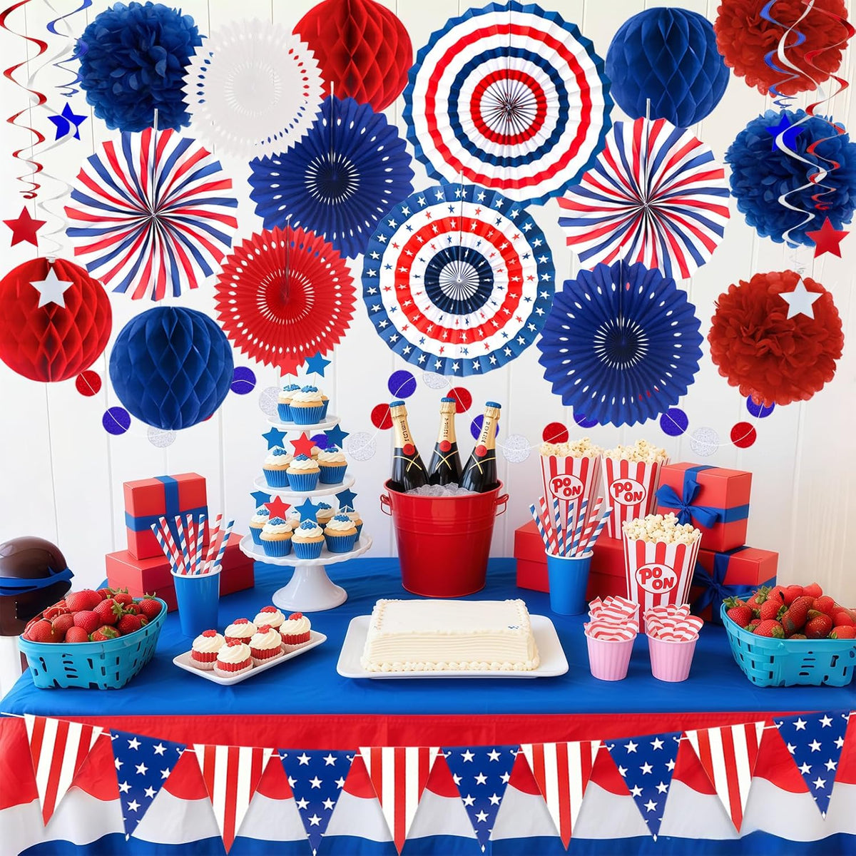 24PCS Patriotic Decorations 4th of July Decorations Set Red White Blue Hanging Paper Fans USA Flag