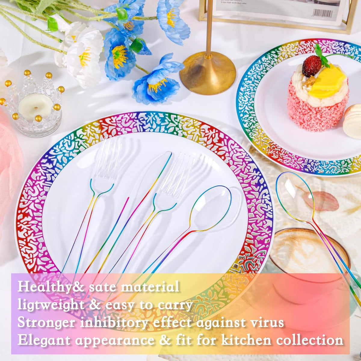 Supernal 120 PCS Clear Plastic Silverware Heavy Duty - Disposable Utensils Rainbow Colorful