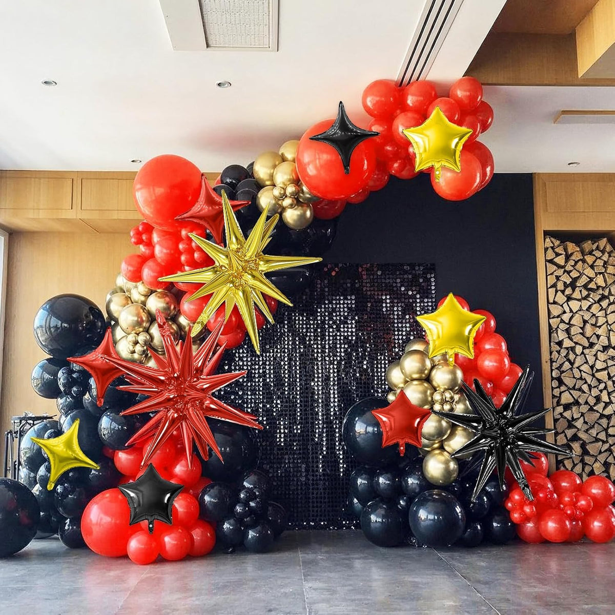 Black Gold Red Star Balloon,16Pcs Star Foil Balloons Set with 22Inch Explosion Spike Cone Balloons