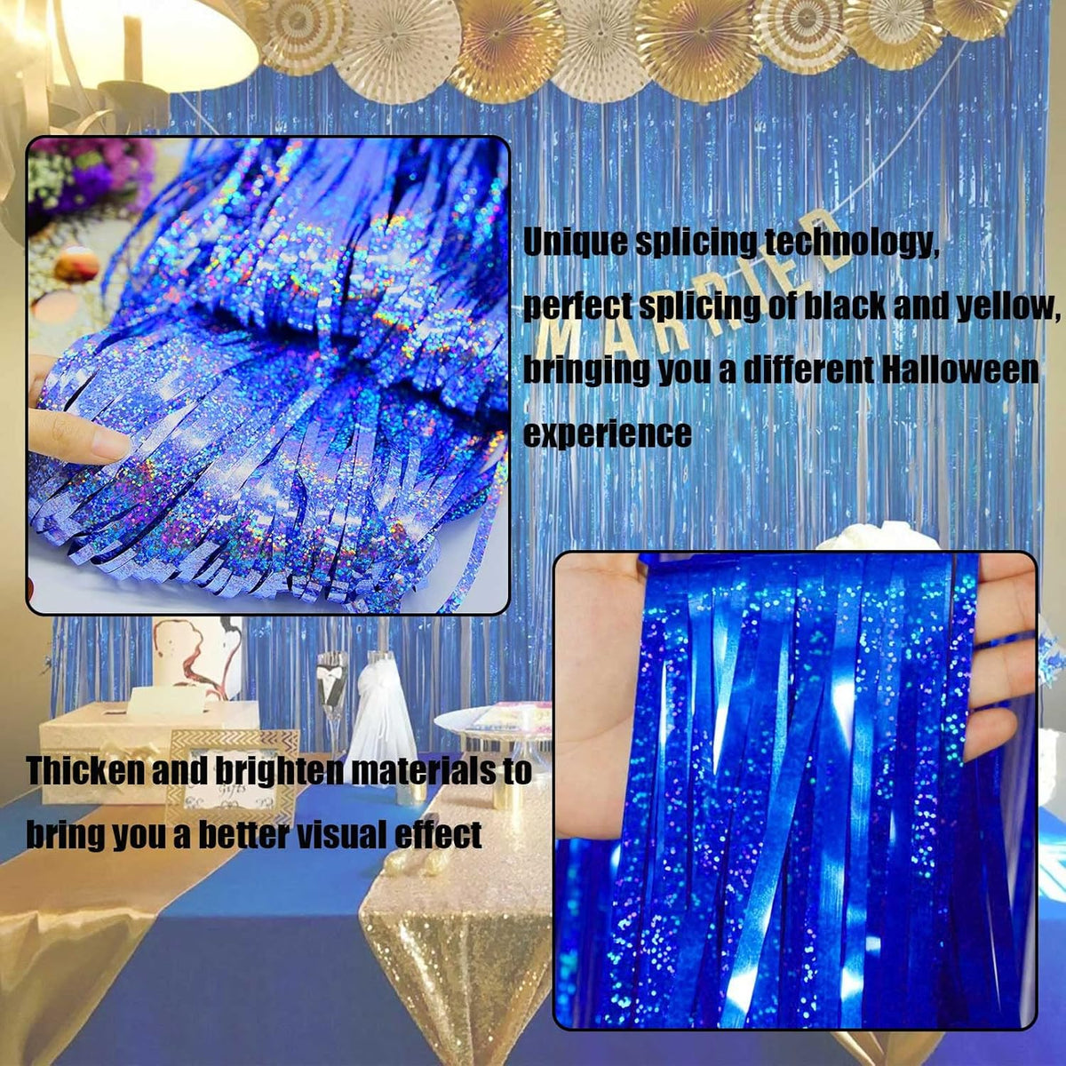 4 Pack Blue Tinsel Foil Fringe Curtain Backdrop, 3.28Ft x 8.2Ft Metallic Streamers for Photo Booth
