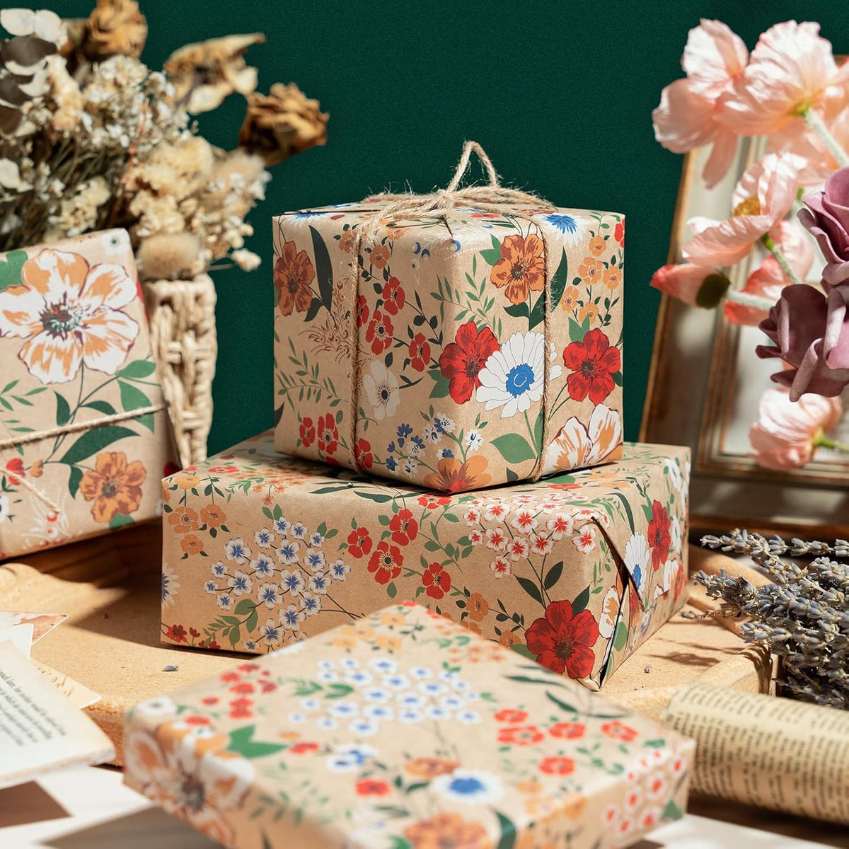 WRAPAHOLIC Kraft Floral Wrapping Paper - Mini Roll - 3 Rolls - 17 Inch x 120 Inch - All Occasion