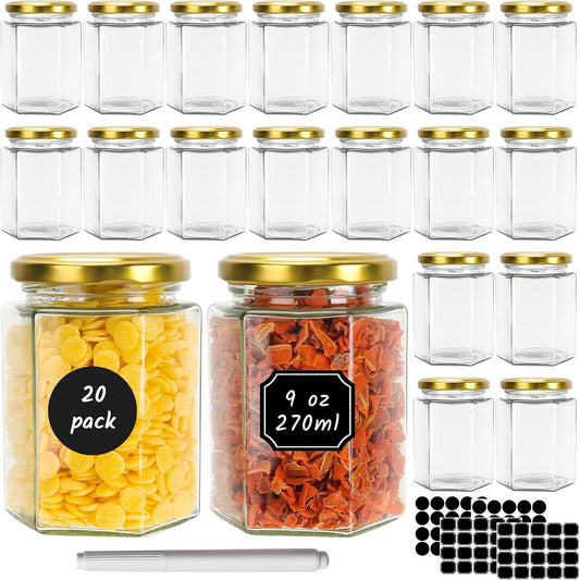 9 oz Hexagon Glass Jars with Gold Lids, 20 Pcs Canning Jars for Jam, Honey, Jelly, Candy, Candle