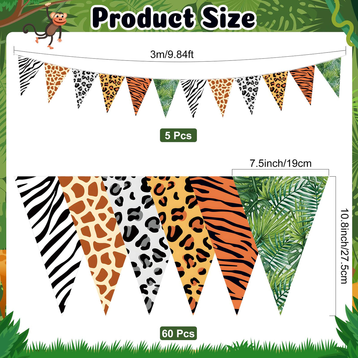 Tiamon 5 Pcs Jungle Safari Animal Banner 49.2 Ft Triangle Flags Party