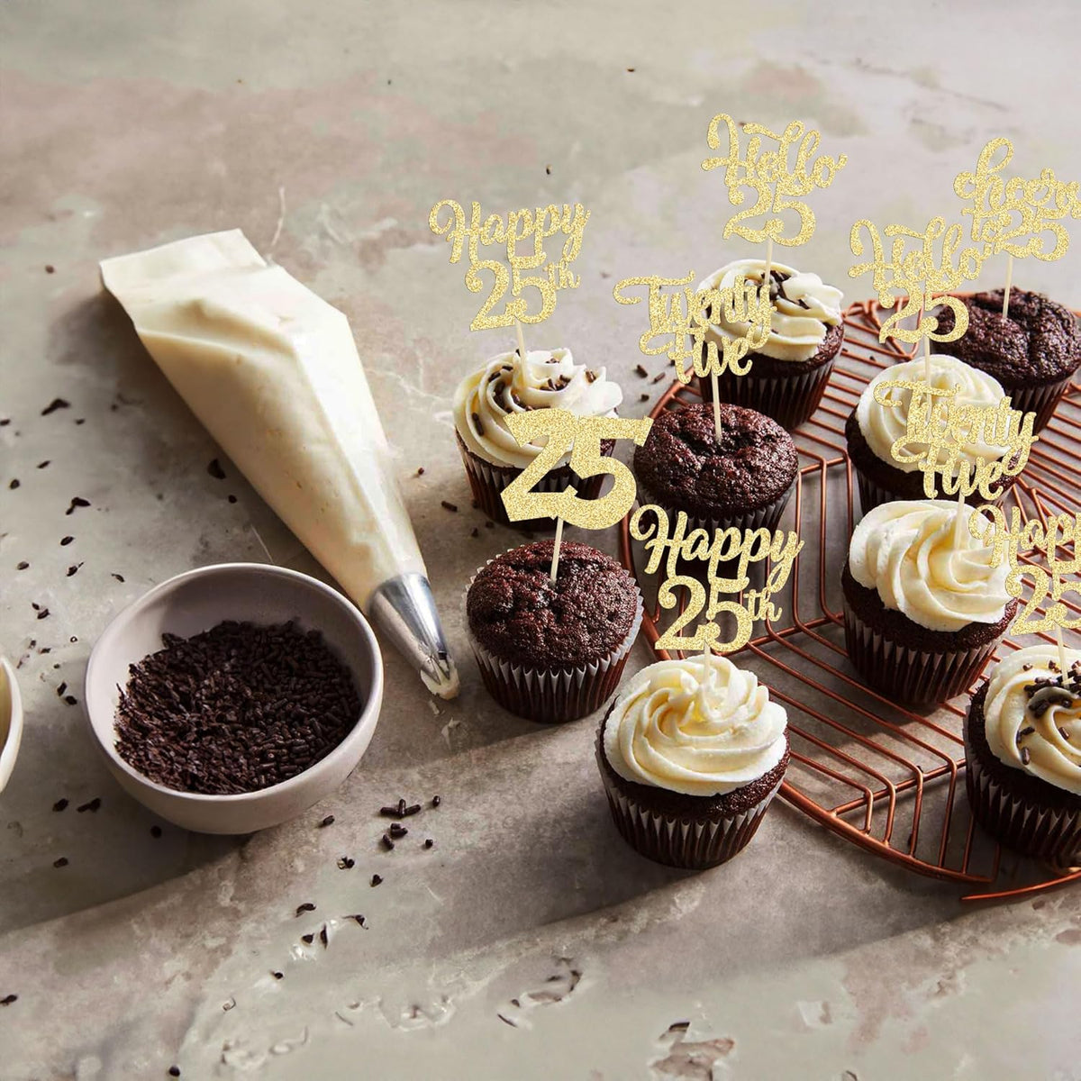 30pcs 25th Birthday Cupcake Toppers - 25th Anniversary Cake Decorations with Gold Glitter