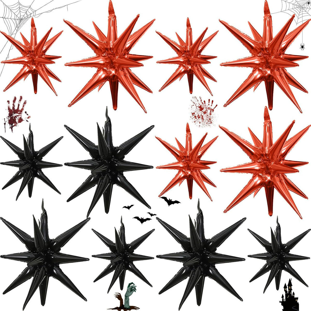 Black Orange Star Balloons 12pcs, 27/22 Inch Foil Star Explosion Balloons, Large Spike Mylar Cone