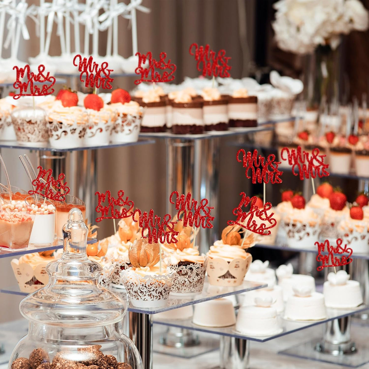 Gyufise 36Pcs Mr & Mrs Cupcake Toppers Glitter Bridal Shower Cupcake Picks for Wedding Engagement