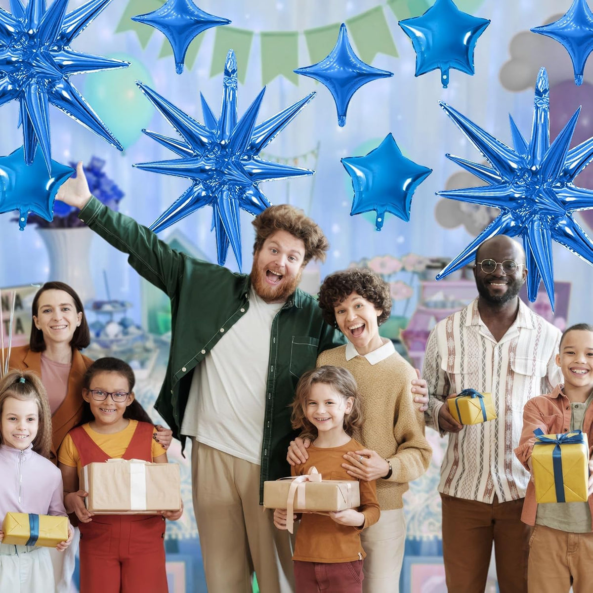 Blue Star Balloon,16Pcs Star Foil Balloons Set with 22Inch Explosion Spike Cone Balloons and 10Inch