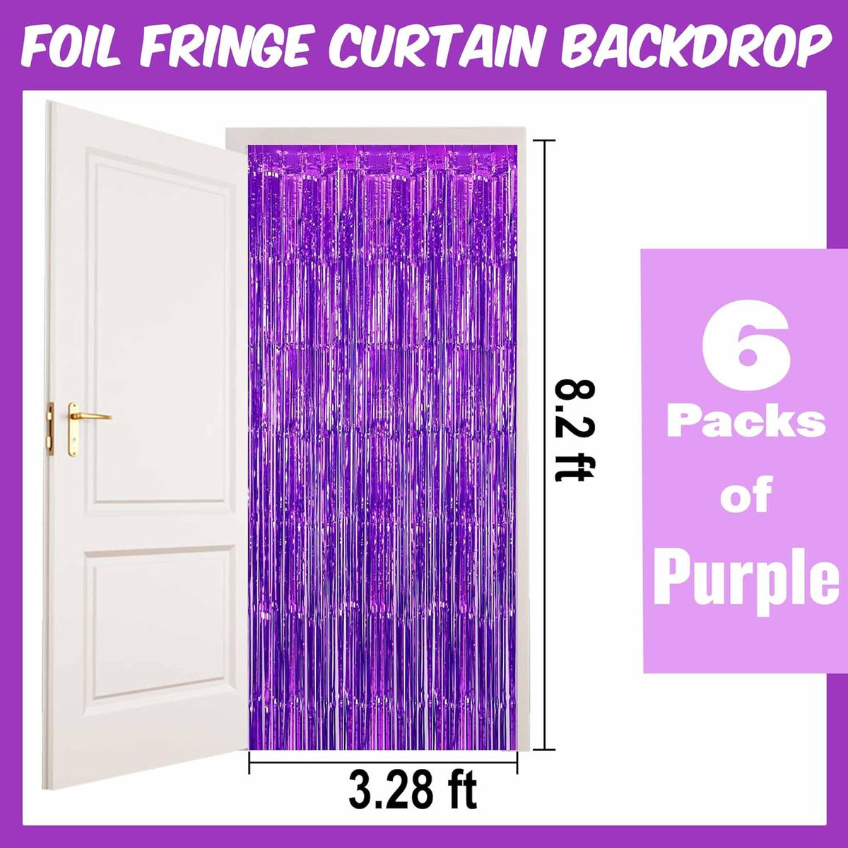 6 Pack Purple Foil Fringe Curtains Backdrop, 3.28 x 8.2 Ft Metallic Streamers Tinsel Curtains