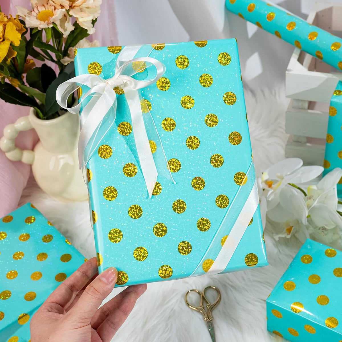 Burymento Blue Holographic Dots Wrapping Paper, Reversible Gold Gift Wrap for Birthday, Valentines
