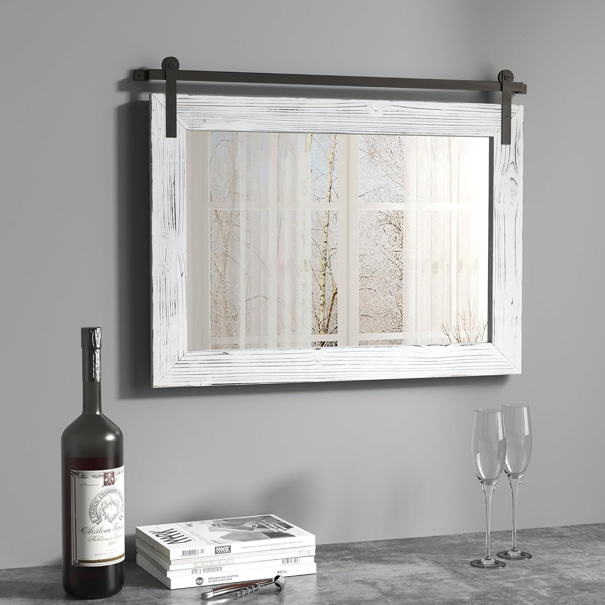 COGOOD Farmhouse Barn Door Mirror - 25 x 18 Rustic Wood Framed Decrative Mirror for Bathroom