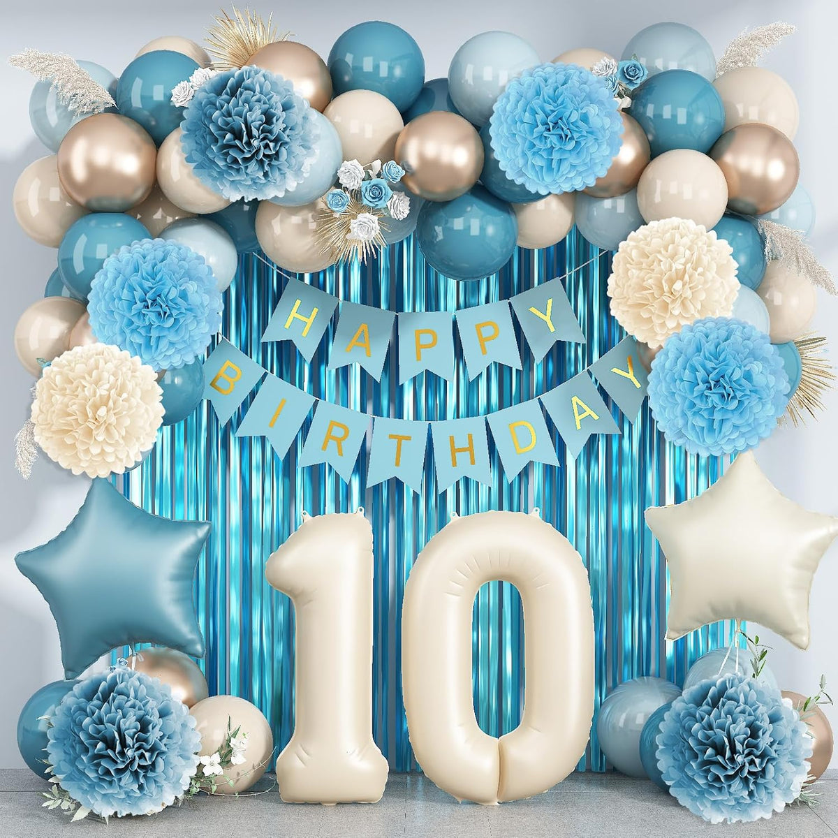 Dusty Blue 10th Birthday Party Decorations Boys Girls Beige Cream Number 10 Balloon with Blue Gold