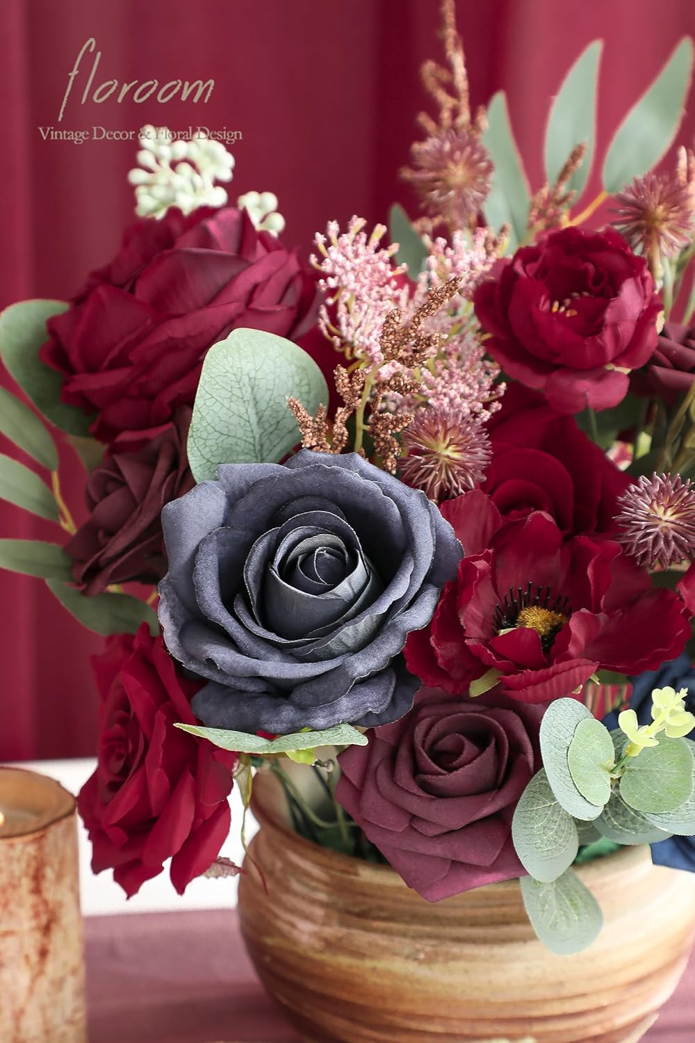 Floroom Burgundy Navy Blue Artificial Flowers Marsala Fake Roses Peonies Greenery Combo Box Set for