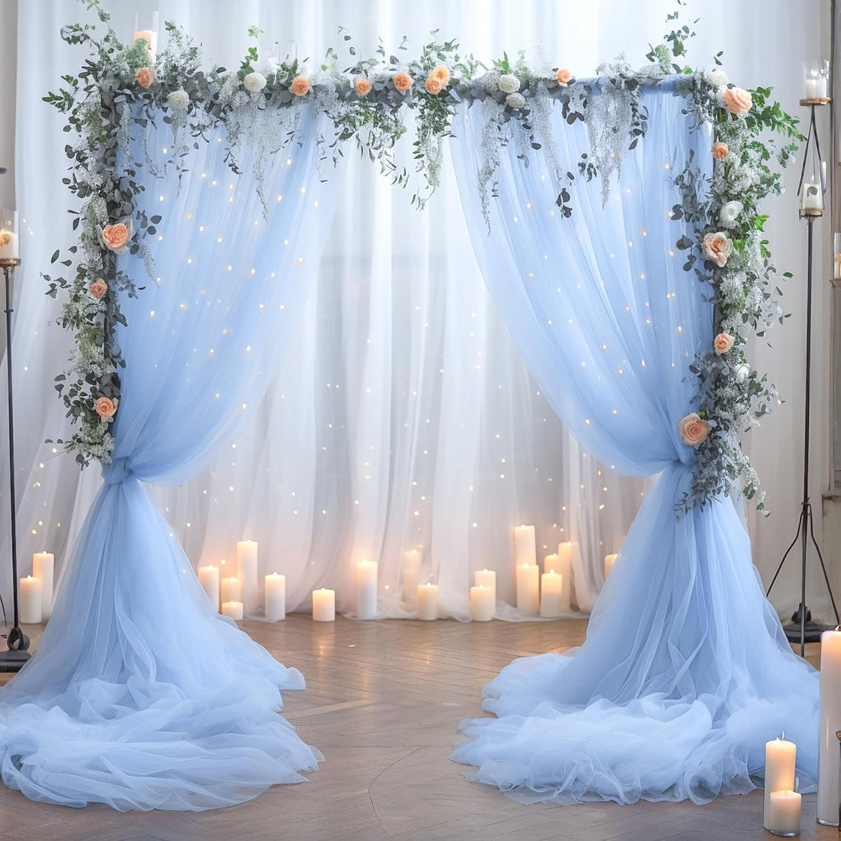 Blue Tulle Backdrop Curtains with Lights String for Parites Baby Shower 20×10ft Blue Sheer Backdrop