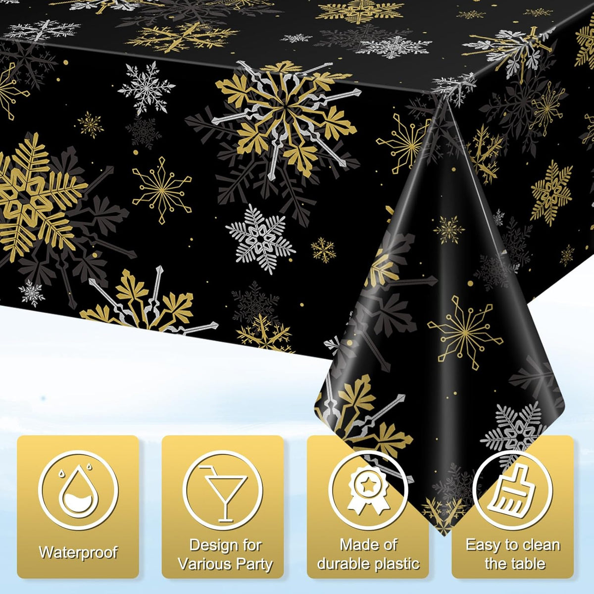 6Pcs Christmas Snowflake Party Tablecloths Decorations,Plastic Black and Gold Table Cloth,Winter