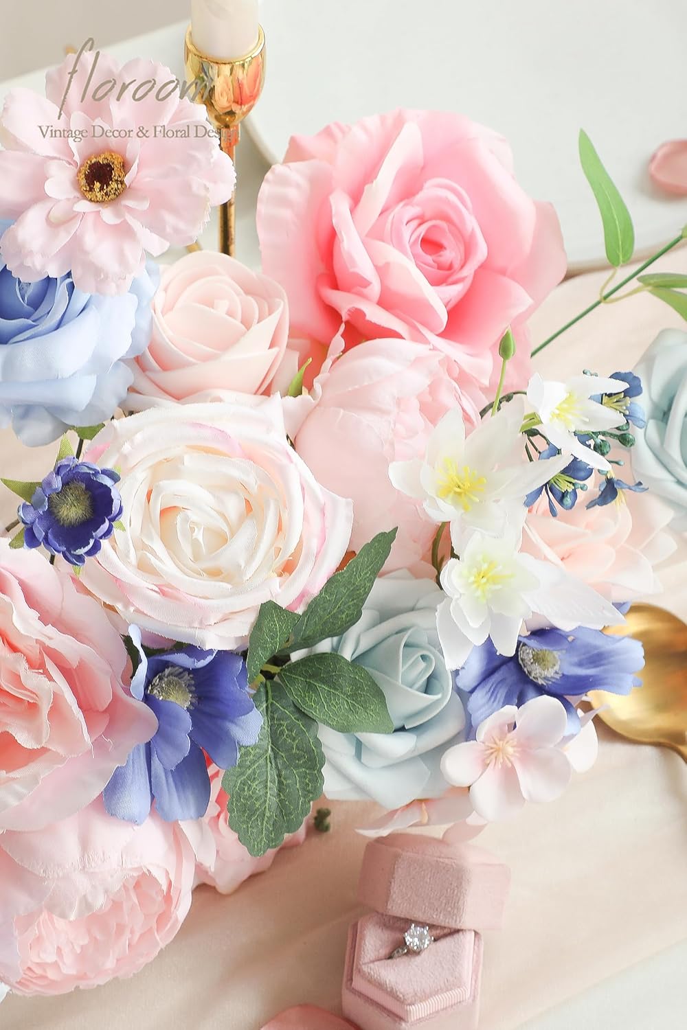 Floroom Pink Blush Blue Artificial Flowers Fake Roses Peonies and Greenery Combo Box Set for DIY