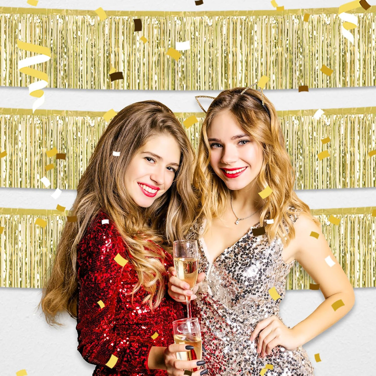 4 Pack 10 Feet Light Gold Foil Fringe Garland Metallic Tinsel Streamers Banner Wall Hanging Curtain