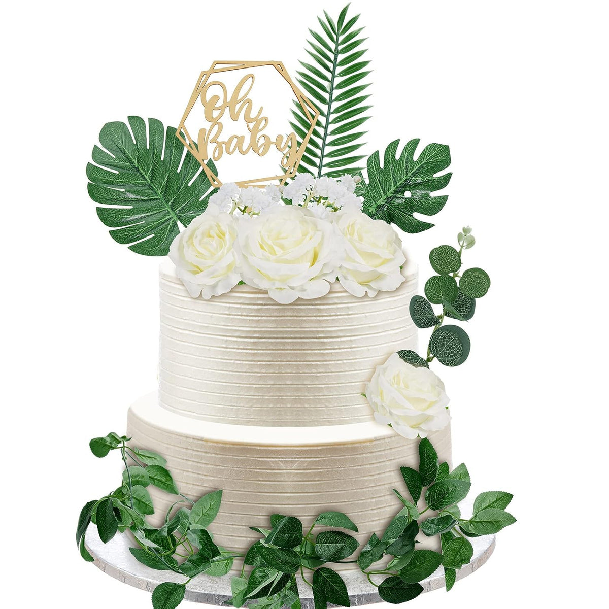 34-piece Wood Cake Topper Set - Boho Cake Decorations with Artificial Eucalyptus Leaves for Gender