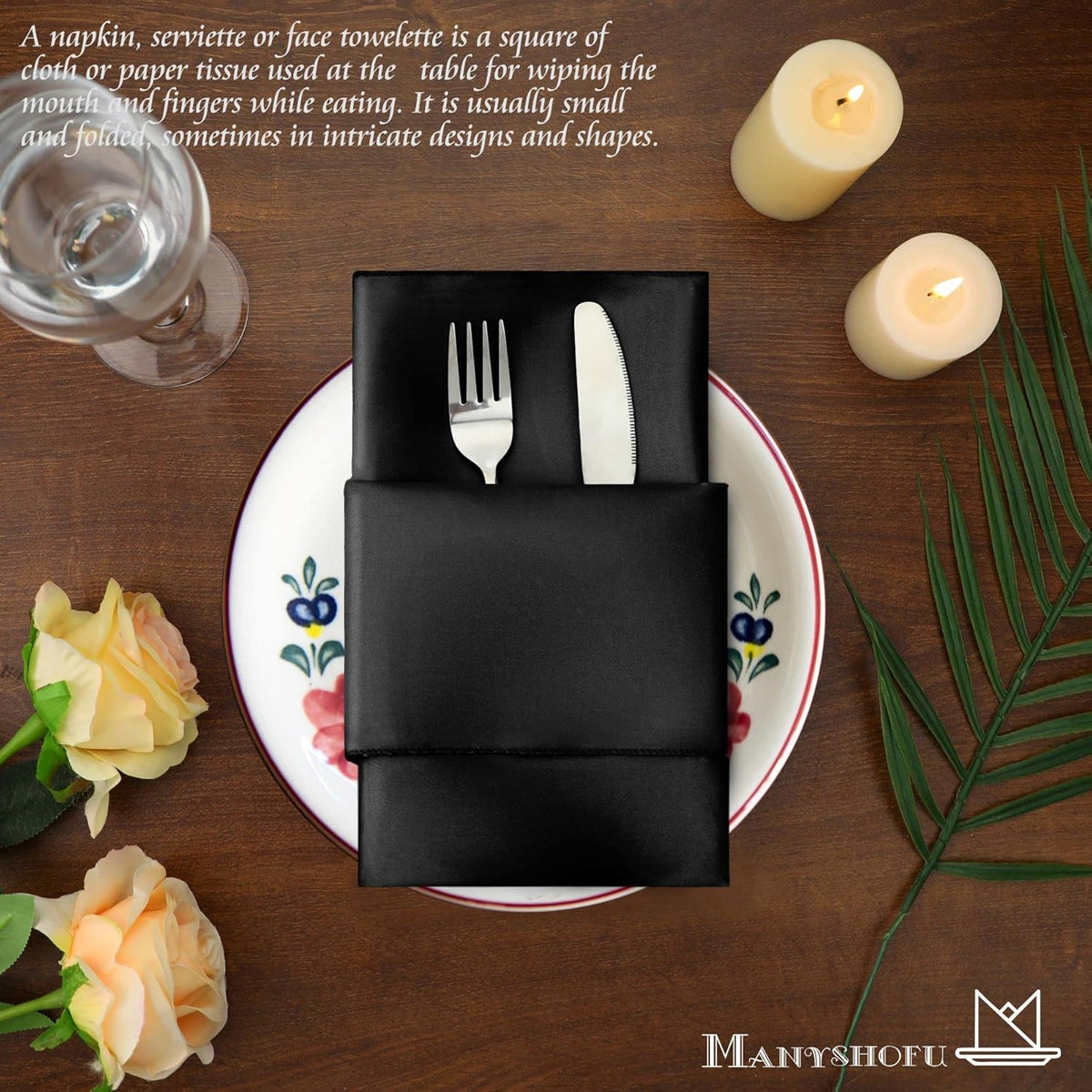 Manyshofu 60 Pieces Black Satin Napkins - 20x20 Inches Cloth Napkins, Square Satin Fabric Napkins