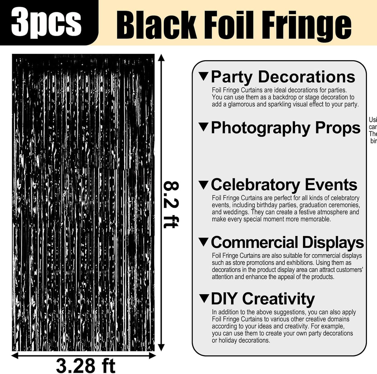 3 Pack Black Foil Fringe Curtain Backdrop, 3.28Ft x 8.2Ft Metallic Tinsel Foil Fringe Streamer