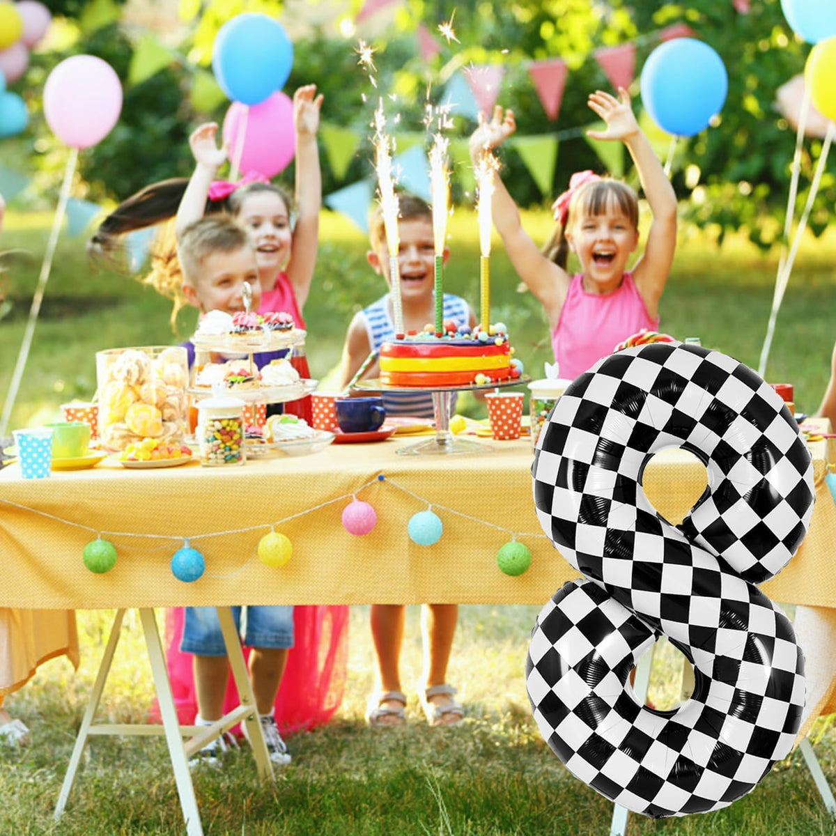40 Inch Checkered Number 8 Balloon - Race Flag Pattern Big Helium Balloon for Birthday Party