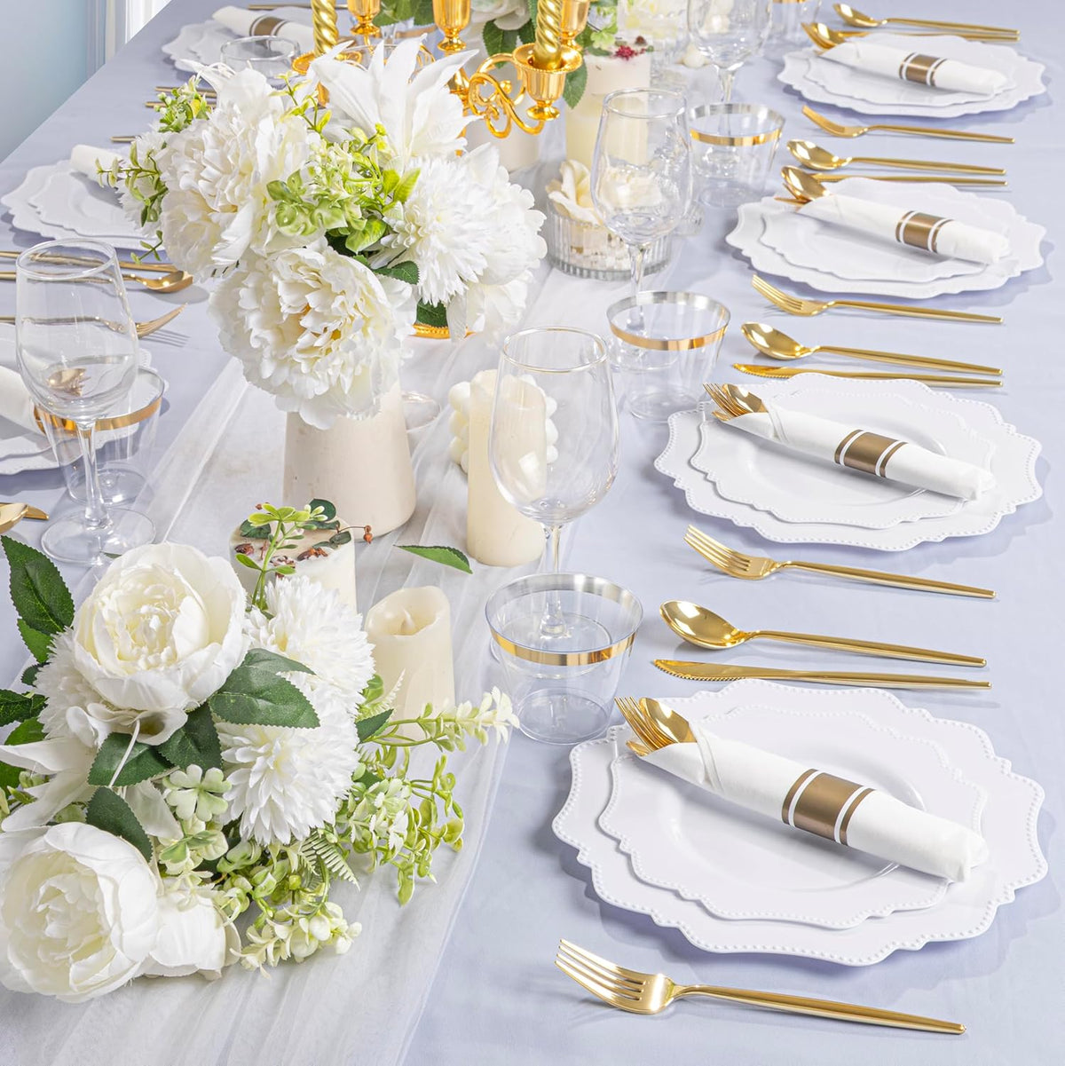 COLOSUS 350pcs White Plastic Plates Disposable Gold Cutlery Dinnerware set for party: 50 Dinner