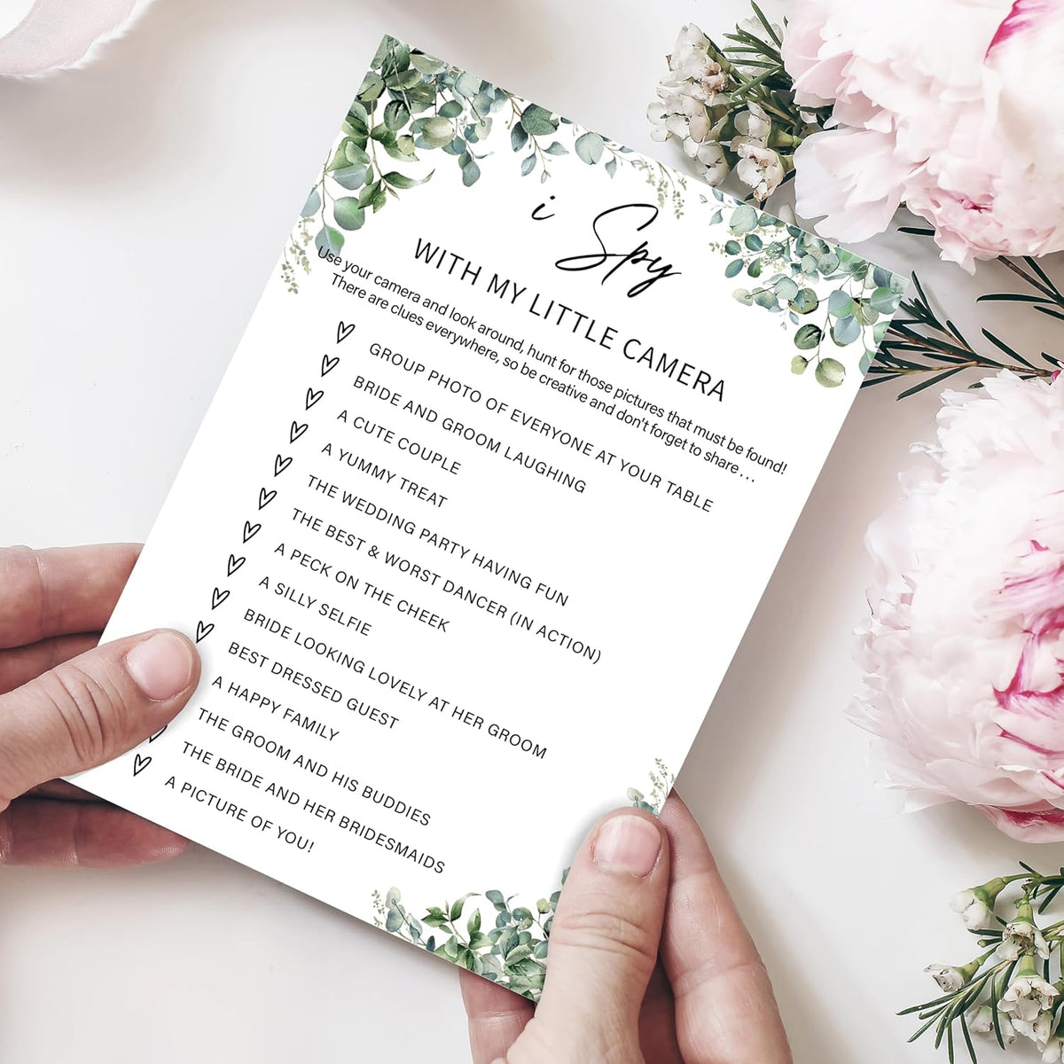 Eucalyptus Bridal Shower Game Cards - I Spy With My Little Camera, Wedding Engagement Bachelorette
