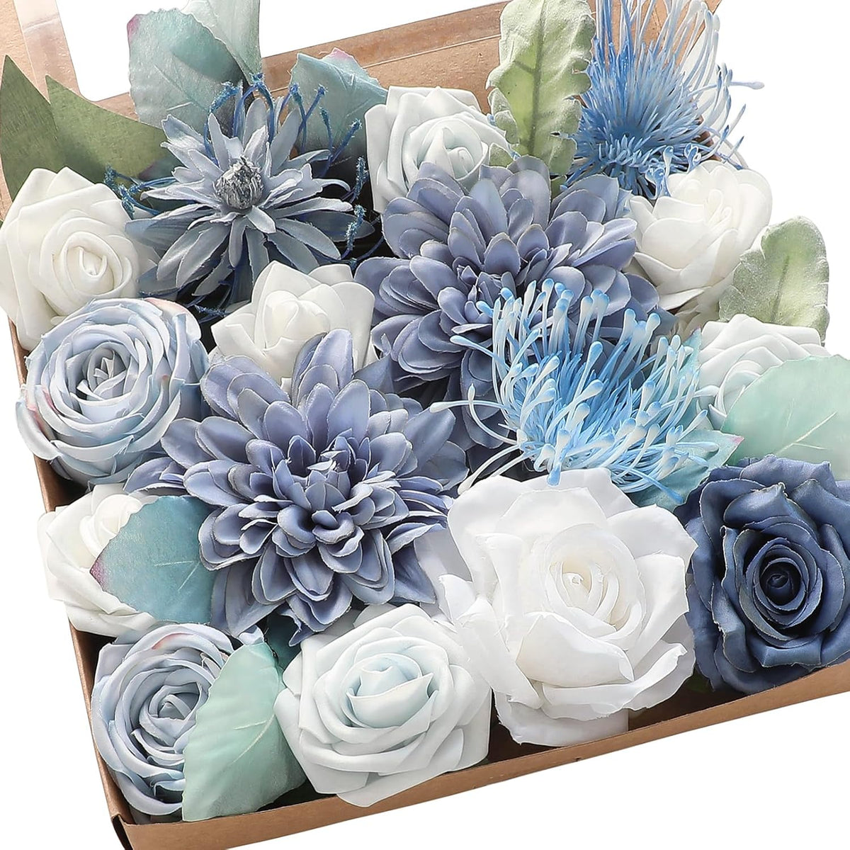 Floroom Dusty Blue Powder Blue Artificial Flowers Fake Roses Dahlias and Greenery Combo Box Set for