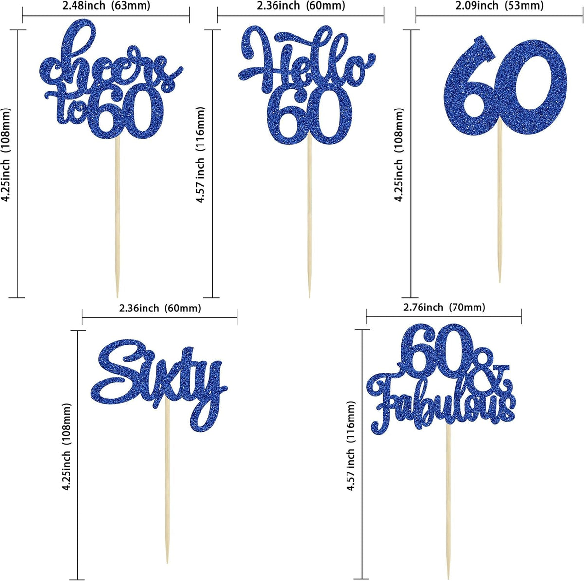 30Pcs Happy 60th Birthday Cupcake Toppers Deep Blue Glitter Sixty Cake Toppers Cheers to 60 Years