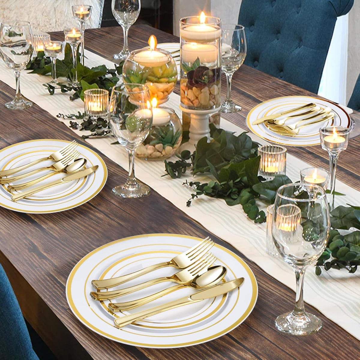 600PCS Gold Plastic Plate Set (100 Guests), Plastic Plates for Party Wedding Birthday, Disposable