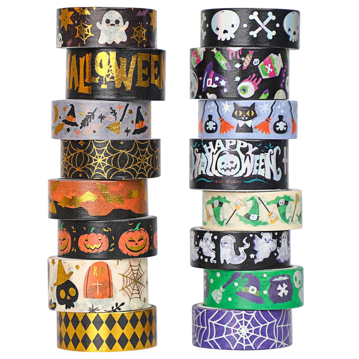 16 Rolls Halloween Washi Tape Holiday Masking Tape Stickers Glod Foil Decorative Tape for Scrapbook