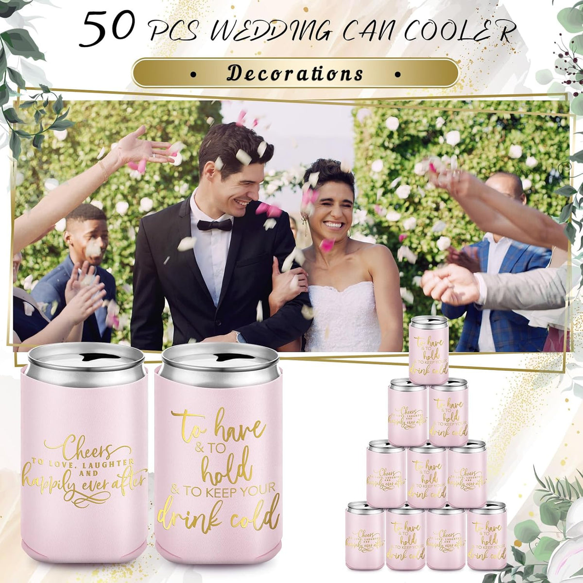 50 Pieces Pink Rose Wedding Can Cooler Bulk Engagement Party Favors for Guests Cheers to Love