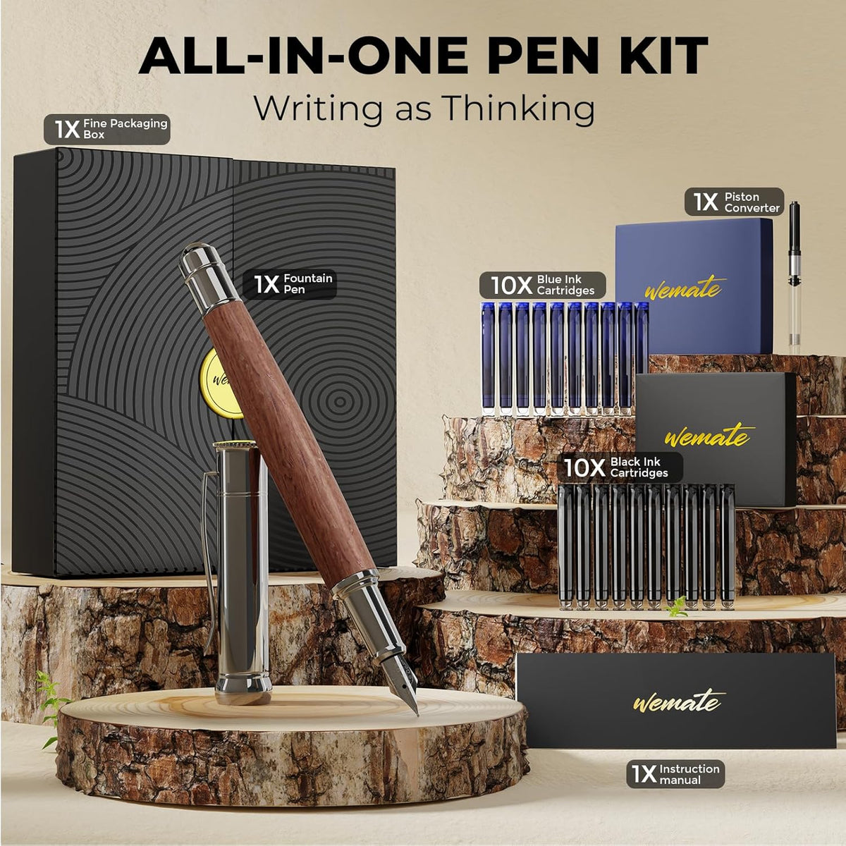 WEMATE Fountain Pen Set, Fine Nib, 20 Ink Cartridges(10 Black&10 Blue), 1 Ink Converter, Smooth